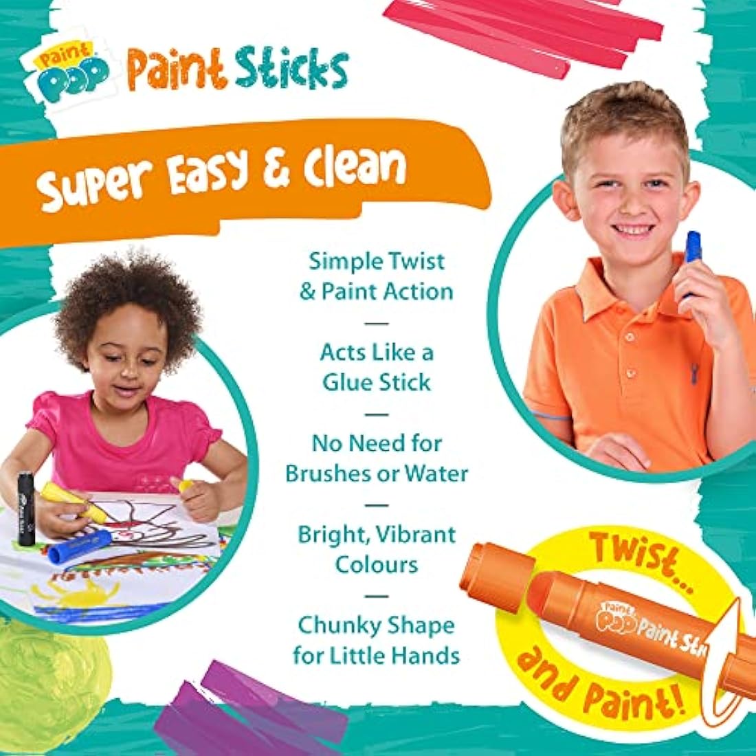 Paint Pop Mess-Free Paint Sticks for Kids - 12 Pack Assorted Colours