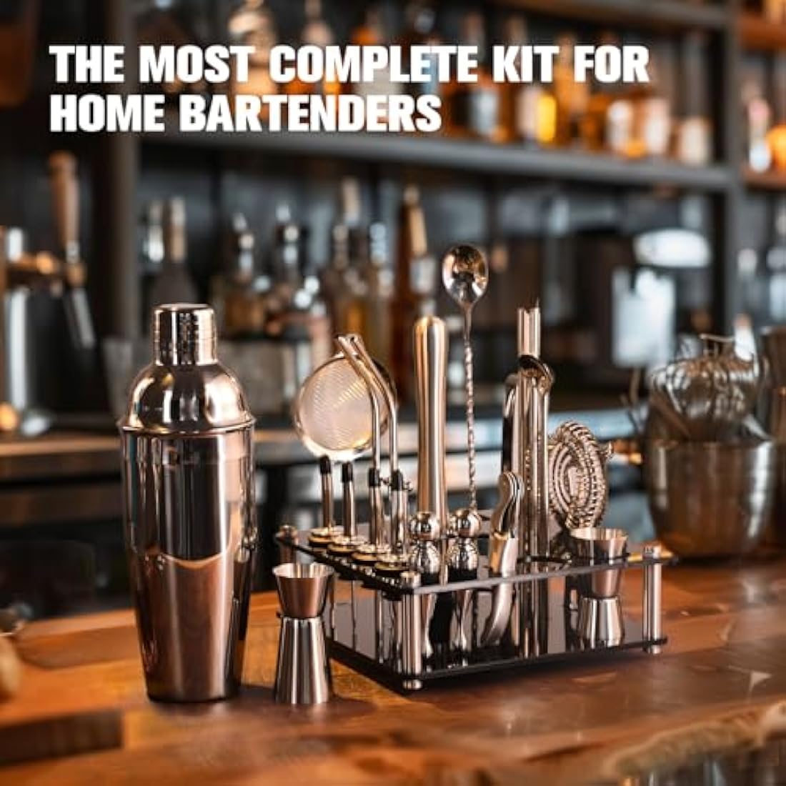 KINGROW 29-Piece Cocktail Shaker Set with Rotating Stand - Silver