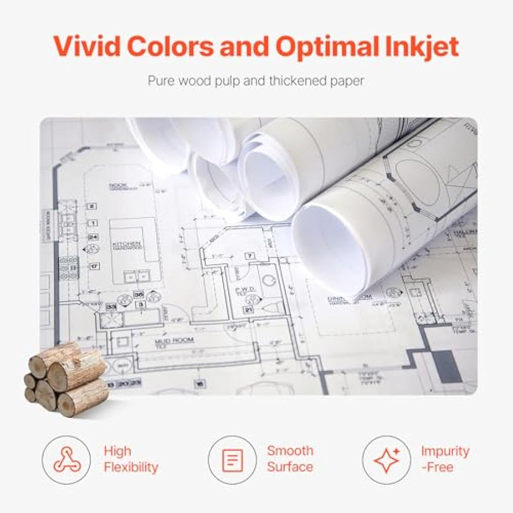 VEVOR 24" x 500' Plotter Paper | 20 LB CAD Bond Rolls with 3" Core, 2 Pack