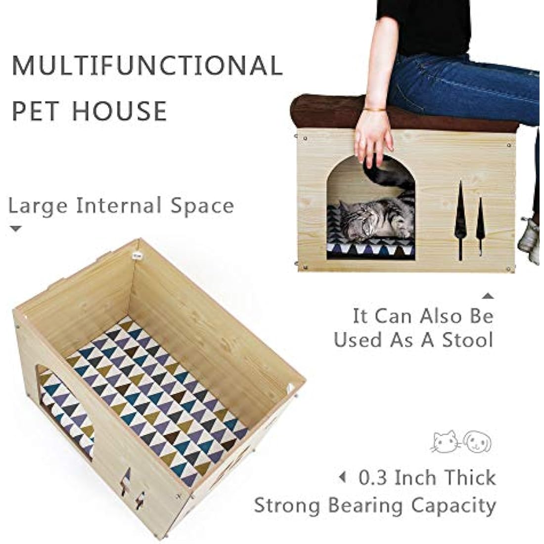 Foldable Cat Cave House – Wood Ottoman Pet Bed with Cushion