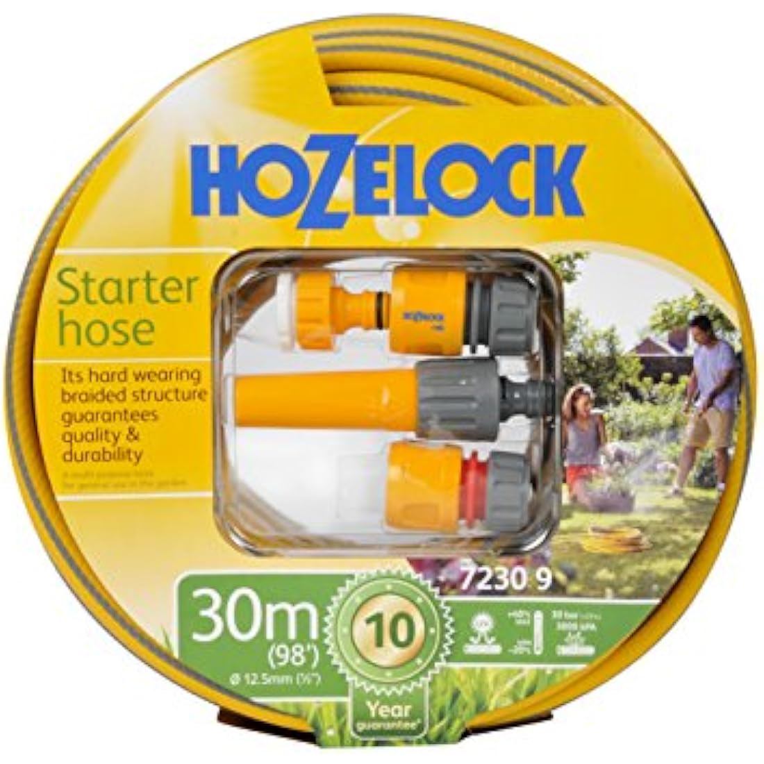 Hozelock Starter Garden Hose Kit | 30m Braided Reinforced Hose with Nozzle