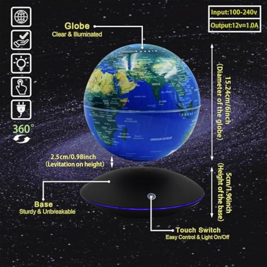 Jolof Store Magnetic Levitation Floating Globe with 7-Color LED Lights