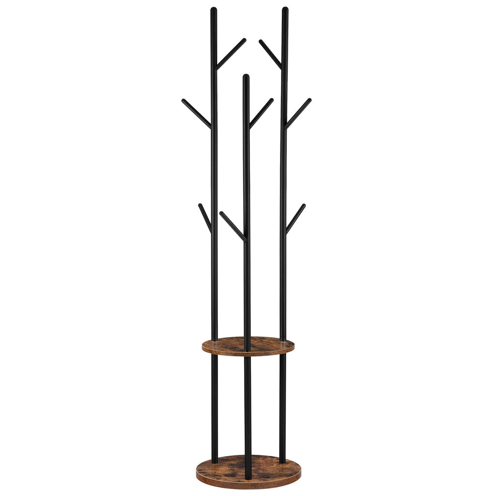 HOOBRO Freestanding Coat Rack with 8 Hooks and 2 Shelves – Rustic Brown