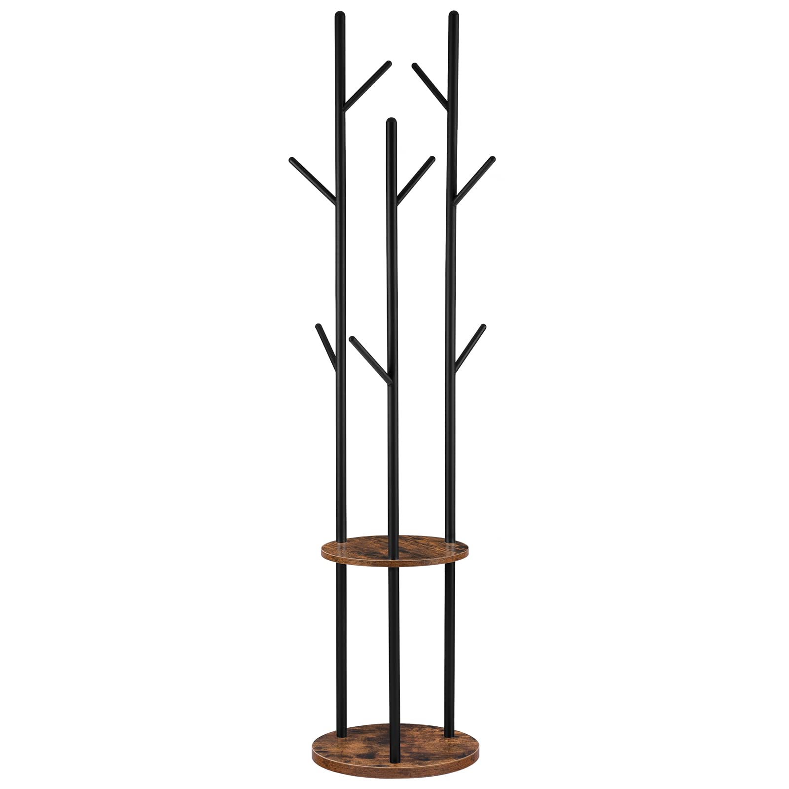 HOOBRO Freestanding Coat Rack with 8 Hooks and 2 Shelves – Rustic Brown