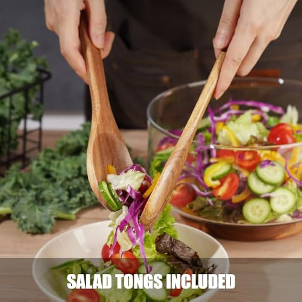 NiHome 3600ML Glass Salad Bowl with Acacia Wood Base and Tongs