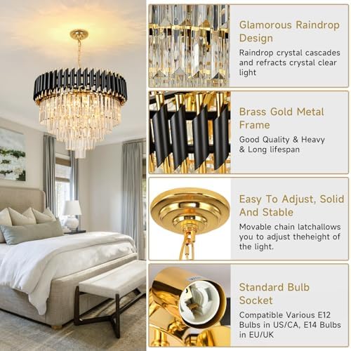 AOOCHOK Modern Crystal Chandelier – Black and Gold Round Pendant Light