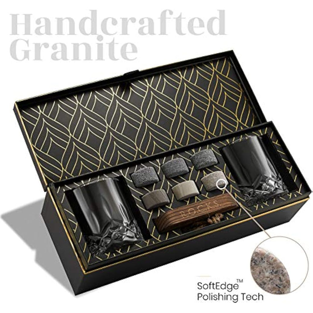 ROCKS Whiskey Chilling Stones Gift Set | 6 Granite Rocks & 2 Crystal Glasses