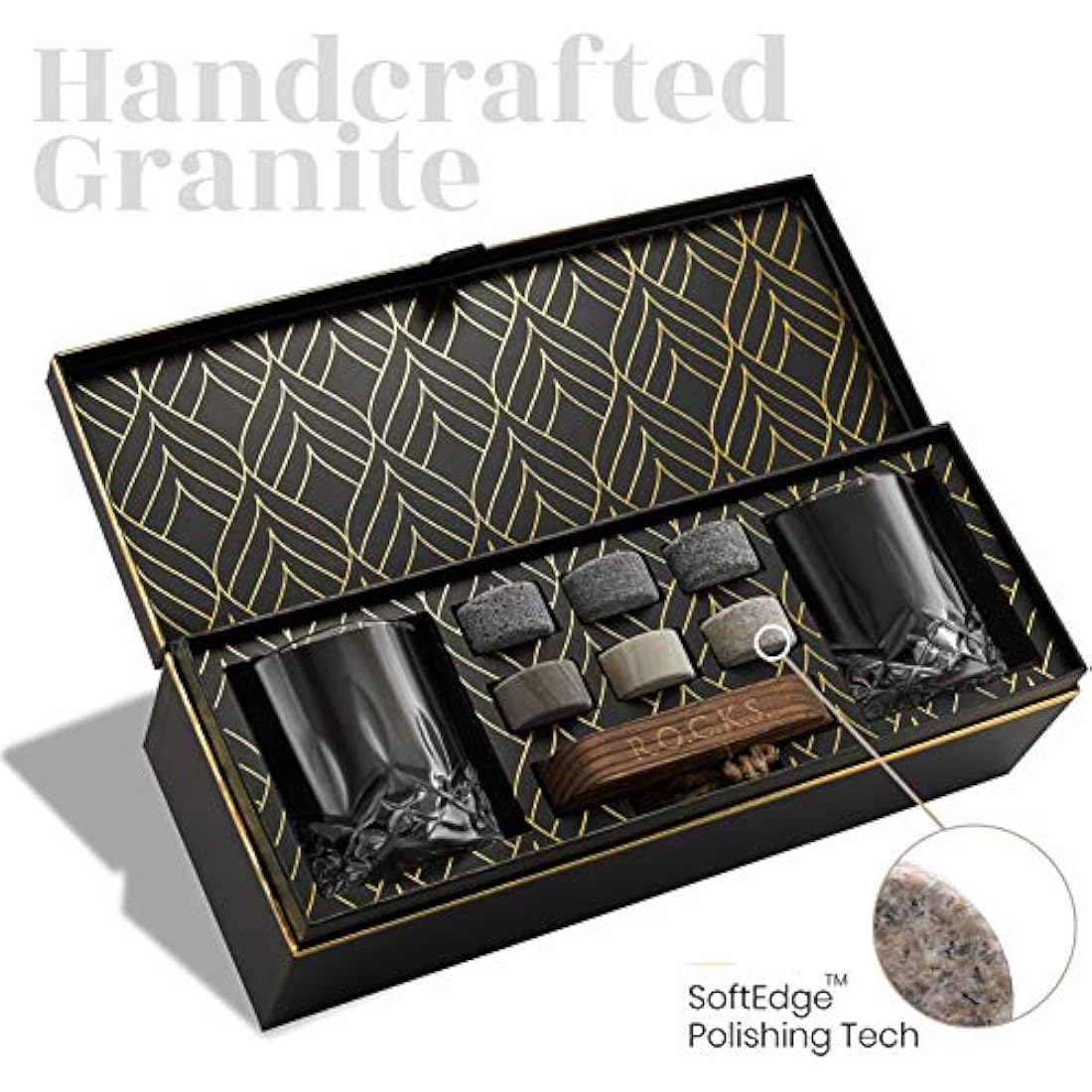 ROCKS Whiskey Chilling Stones Gift Set | 6 Granite Rocks & 2 Crystal Glasses