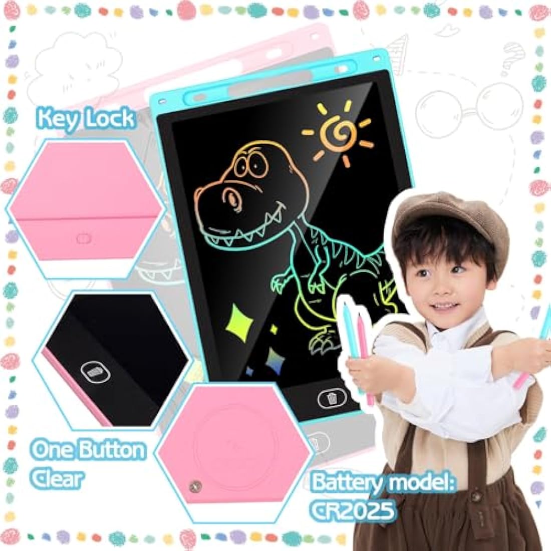 KTEBO 2-Pack 10 Inch LCD Writing Tablet for Kids - Pink & Blue Doodle Board