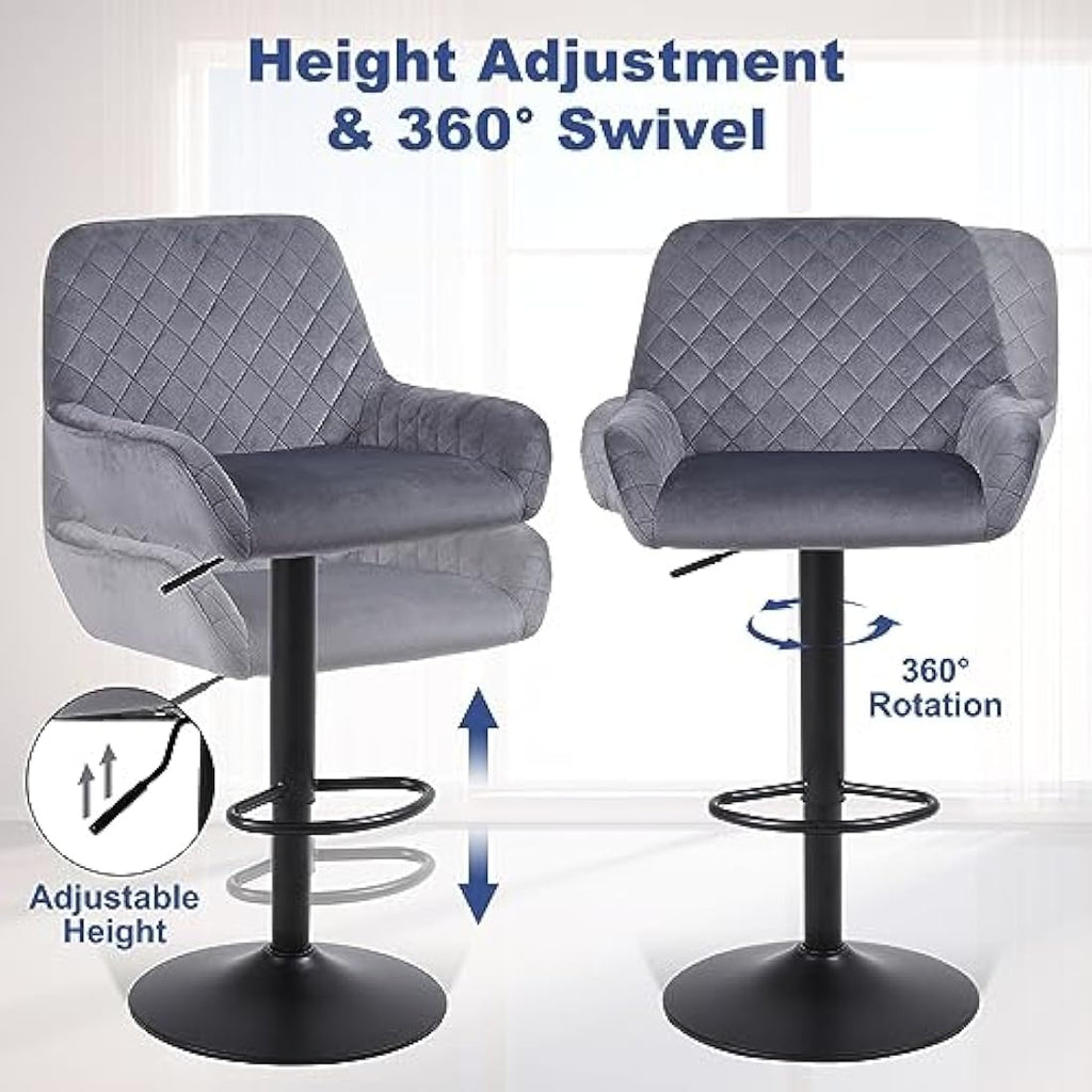 Jolof Store Velvet Swivel Bar Stools Set of 2 | Adjustable Grey Chairs