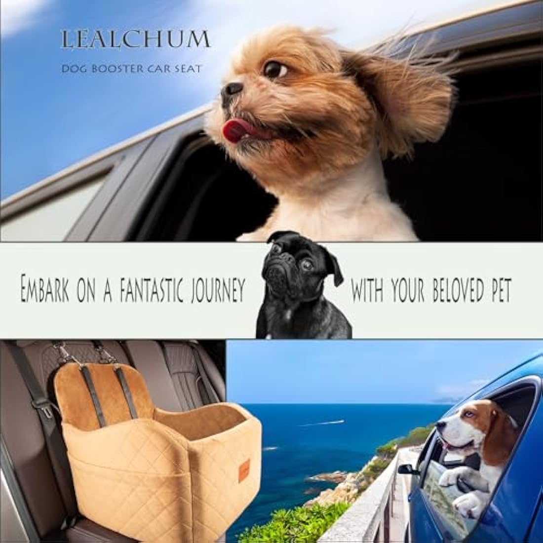 Lealchum Dog Booster Car Seat - Washable Memory Foam Pet Bed, Coffee
