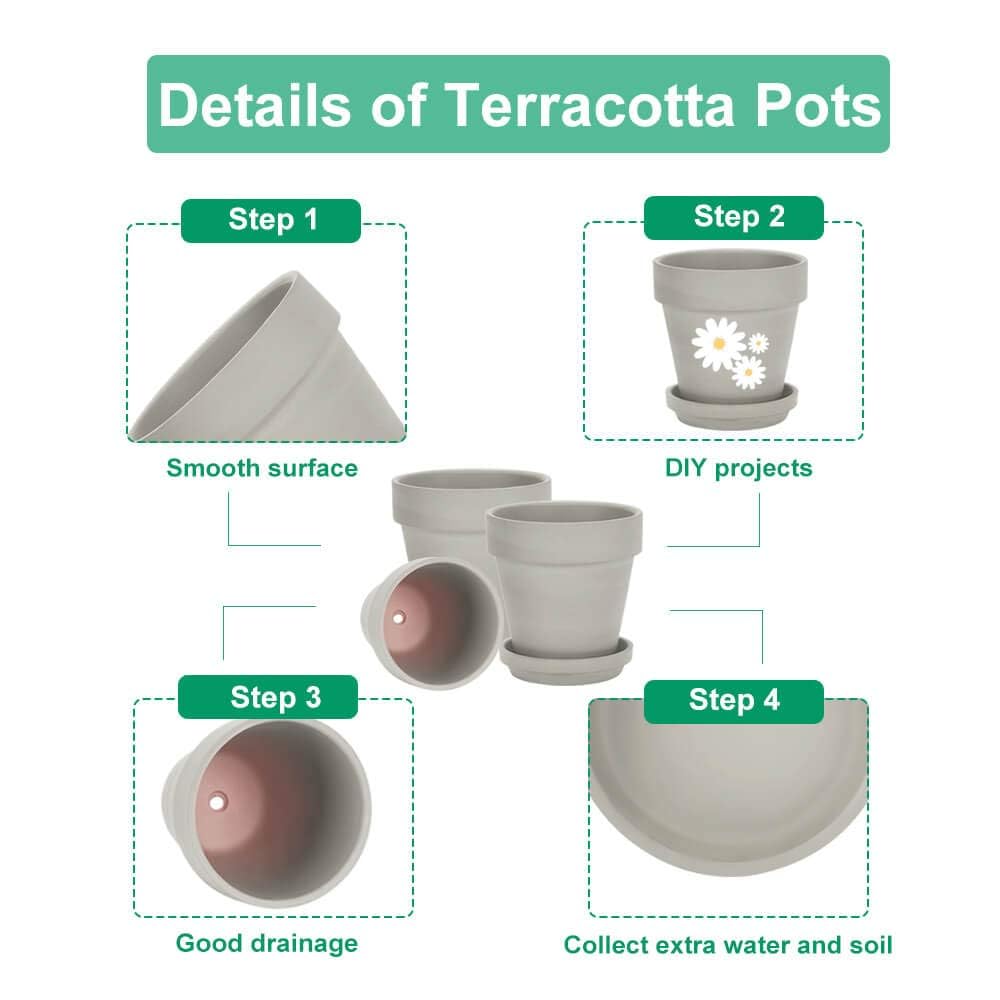 Vensovo Gray Terracotta Pots with Saucers - 4 Pack 15CM Clay Planters