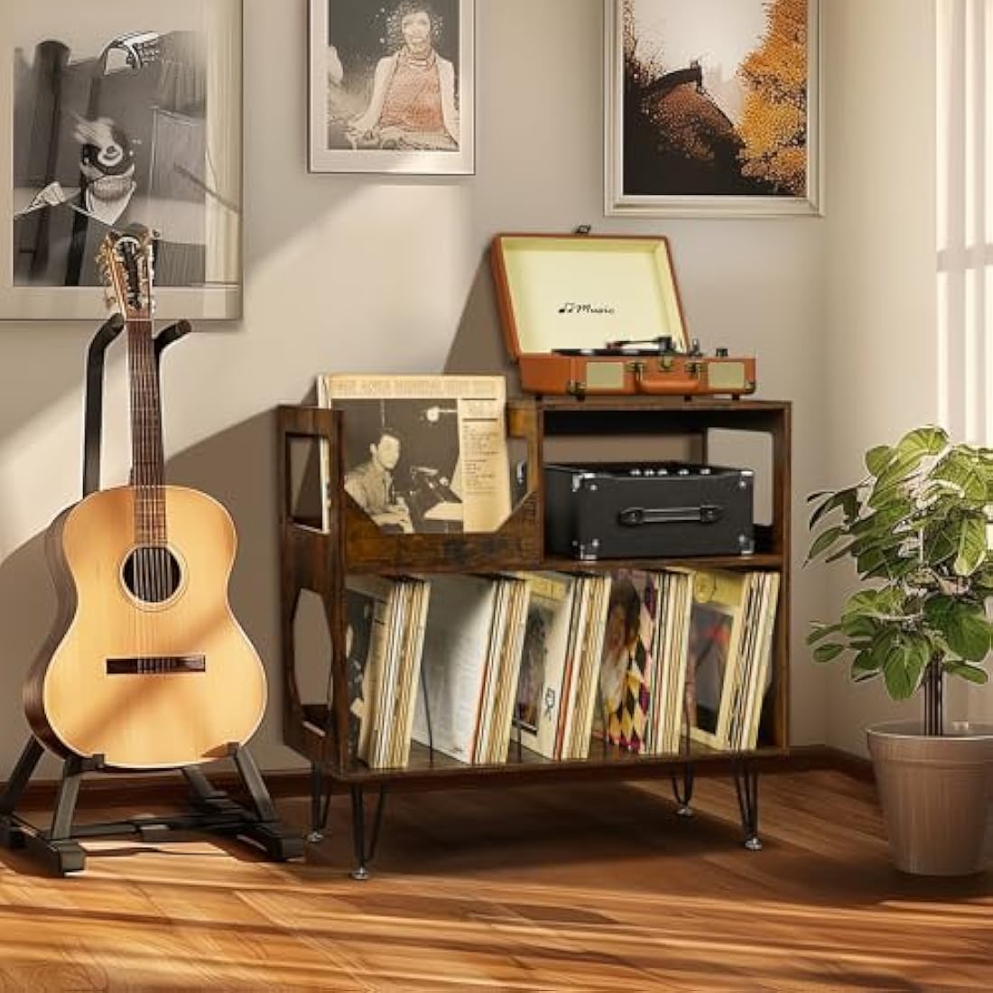 ikkle Rustic Record Player Stand | 2-Tier Vinyl Storage Cabinet for 370 Albums