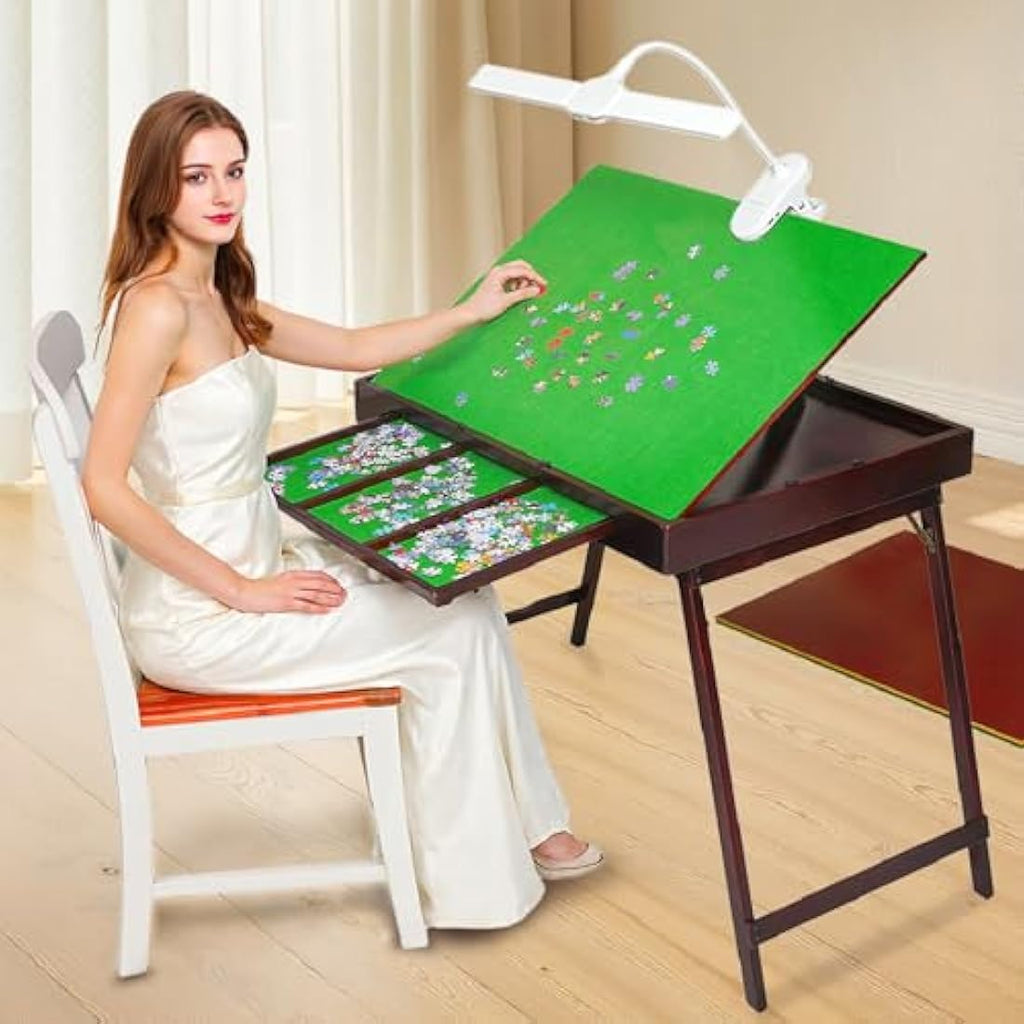 Wooden Jigsaw Puzzle Table with LED Light and Storage Drawers