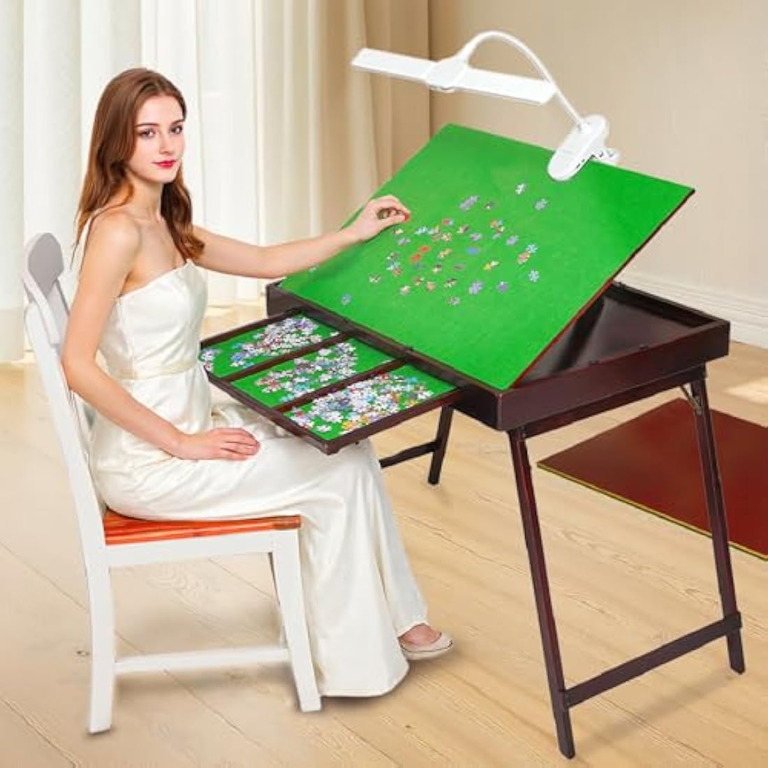 Wooden Jigsaw Puzzle Table with LED Light and Storage Drawers