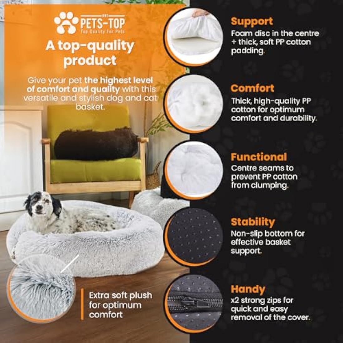 One PETS-TOP Calming Dog Bed – Washable Plush Dodo Donut, Pearl Grey 80cm