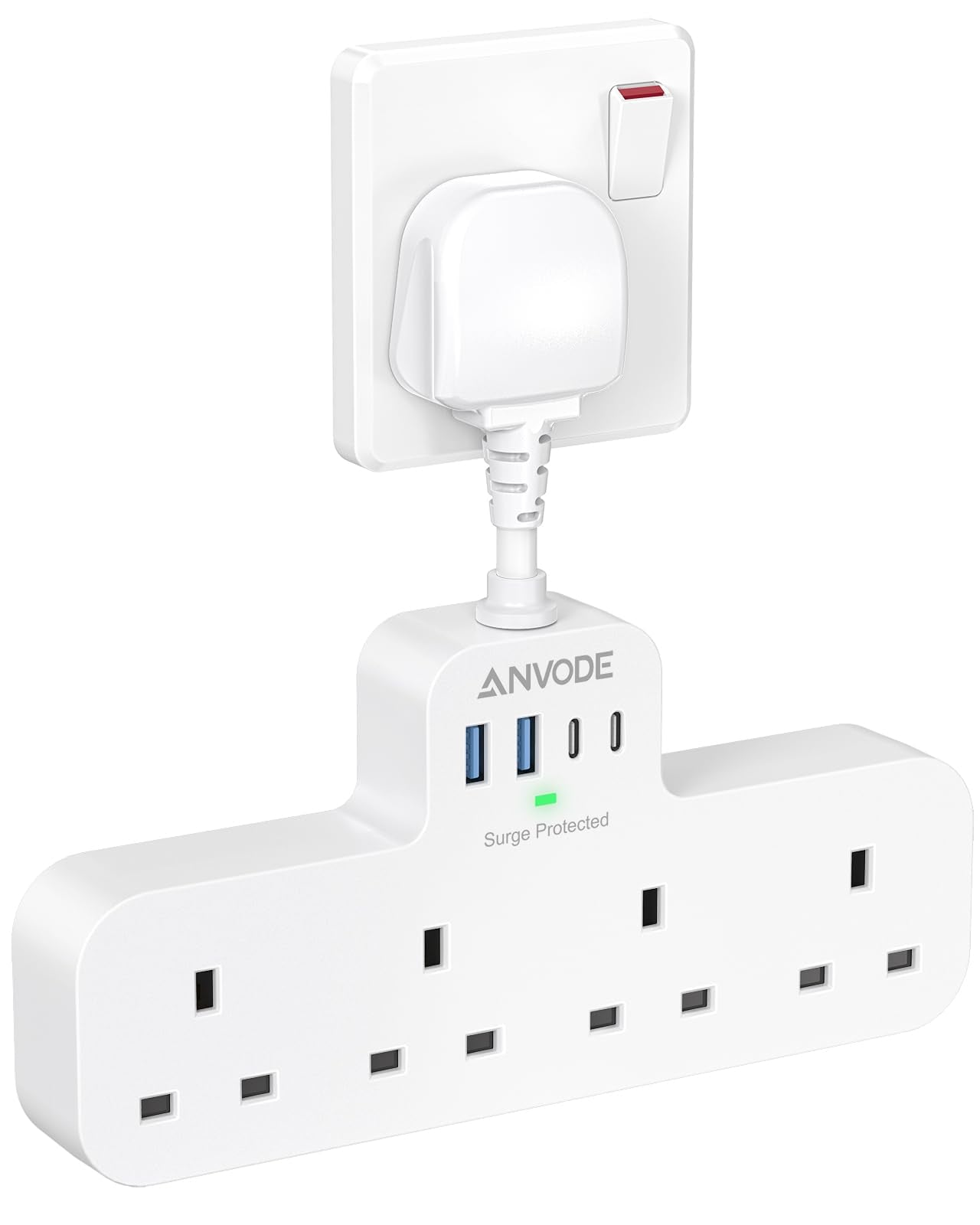 ANVODE 4 Way Multi Plug Extension Socket with 4 USB Ports & Type C