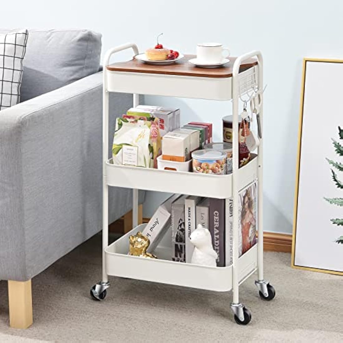 KINGRACK 3-Tier Metal Rolling Storage Trolley with Wooden Worktop