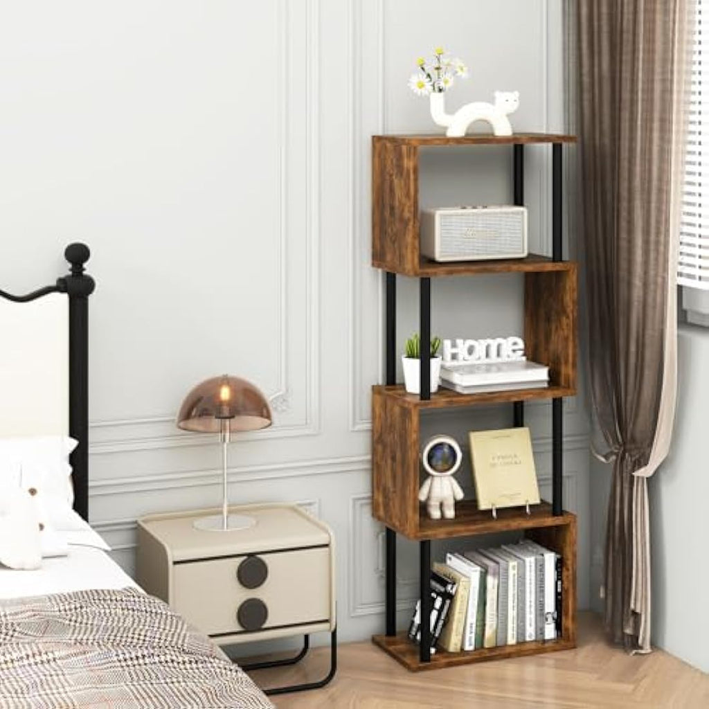 S-Shaped 5-Tier Tall Bookshelf | Rustic Brown Wood Bookcase