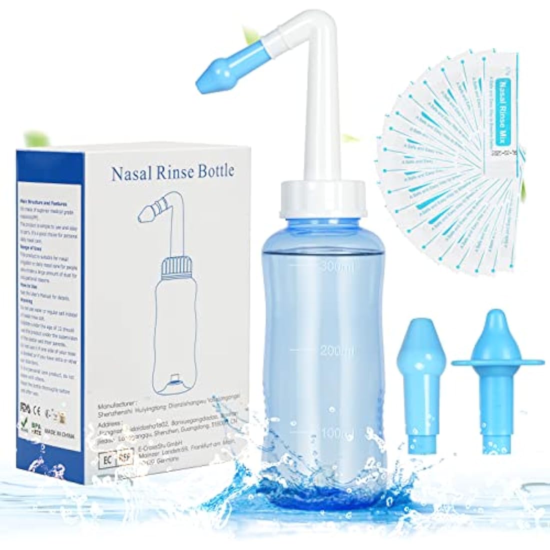 URAQT Neti Pot Nasal Rinse Kit – 300ml Sinus Irrigation with 40 Salt Packs