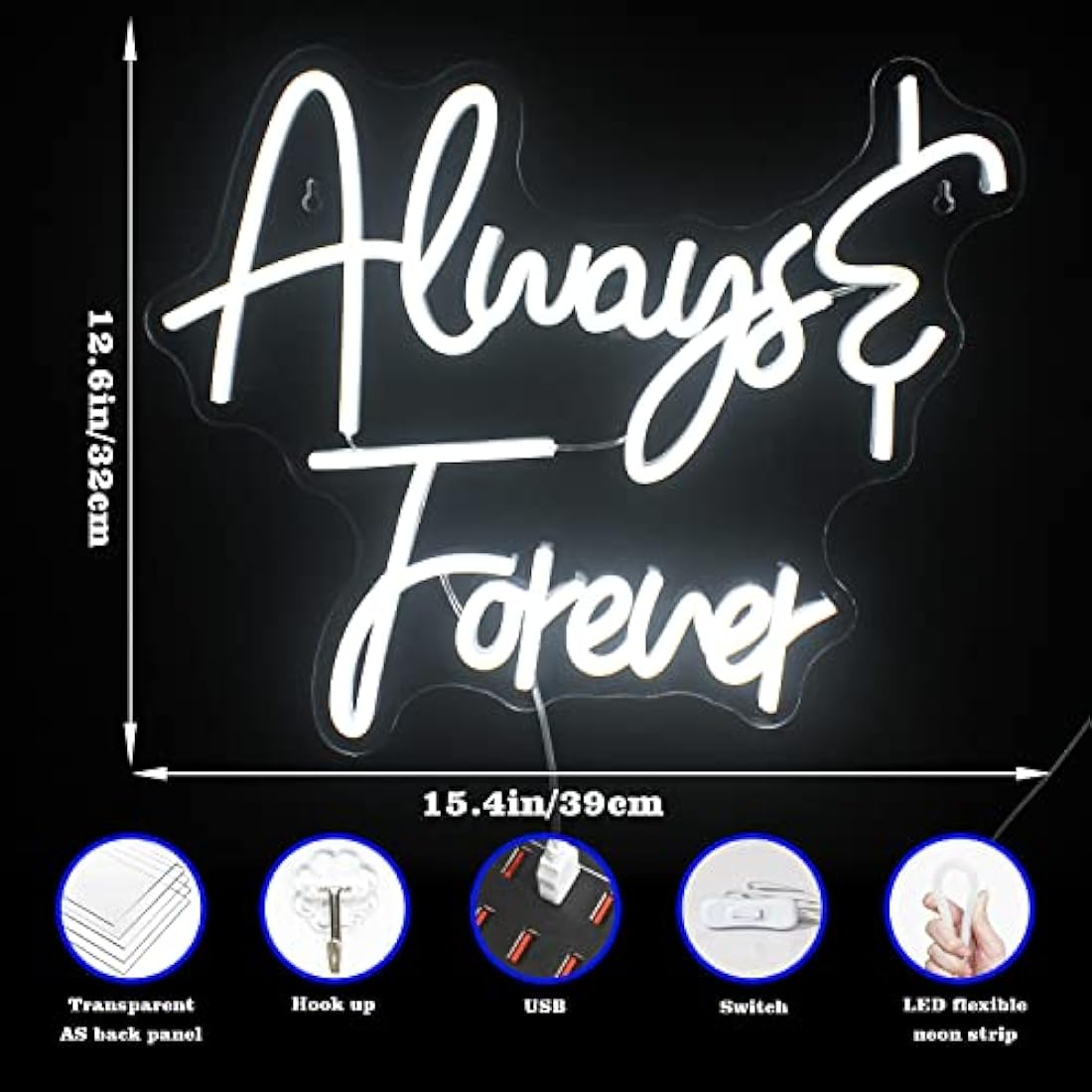 Looklight Always Forever Neon Sign | White Acrylic LED Wall Art for Weddings