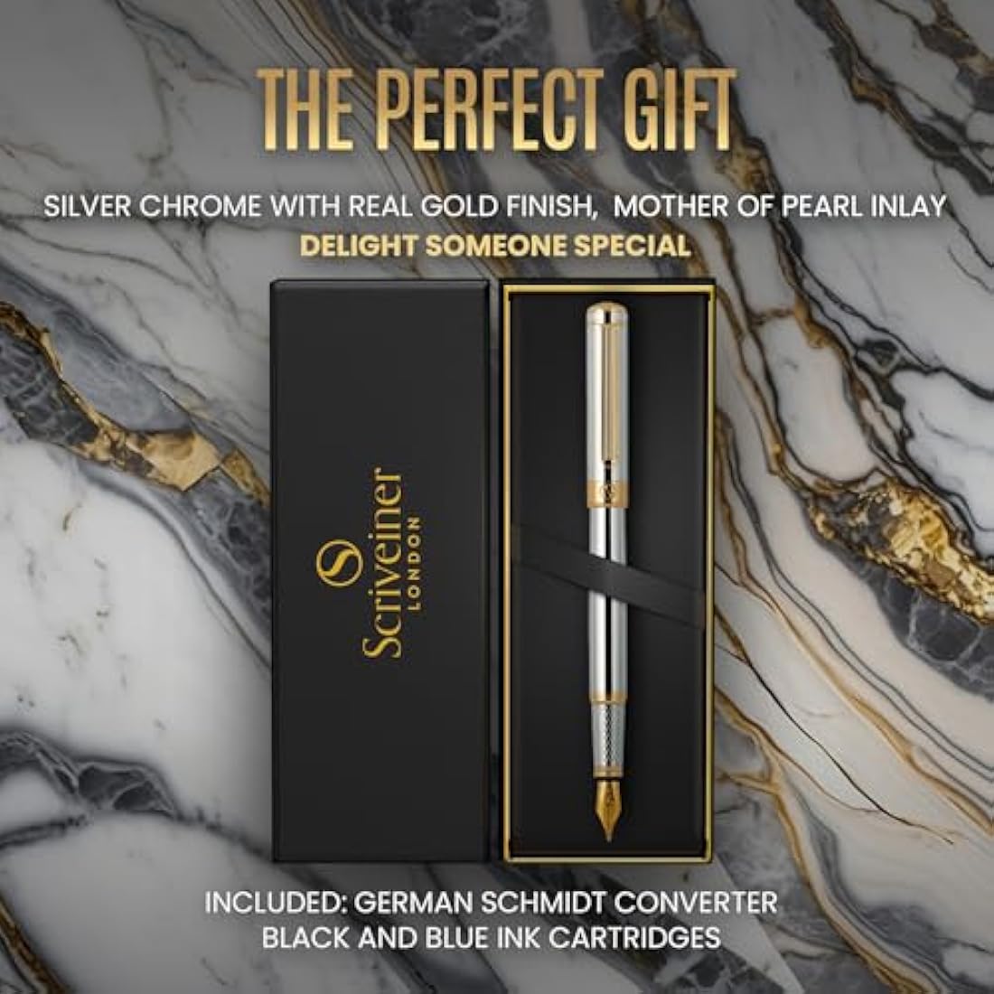 Scriveiner Silver Chrome Fountain Pen – Gold Plated Schmidt Medium Nib