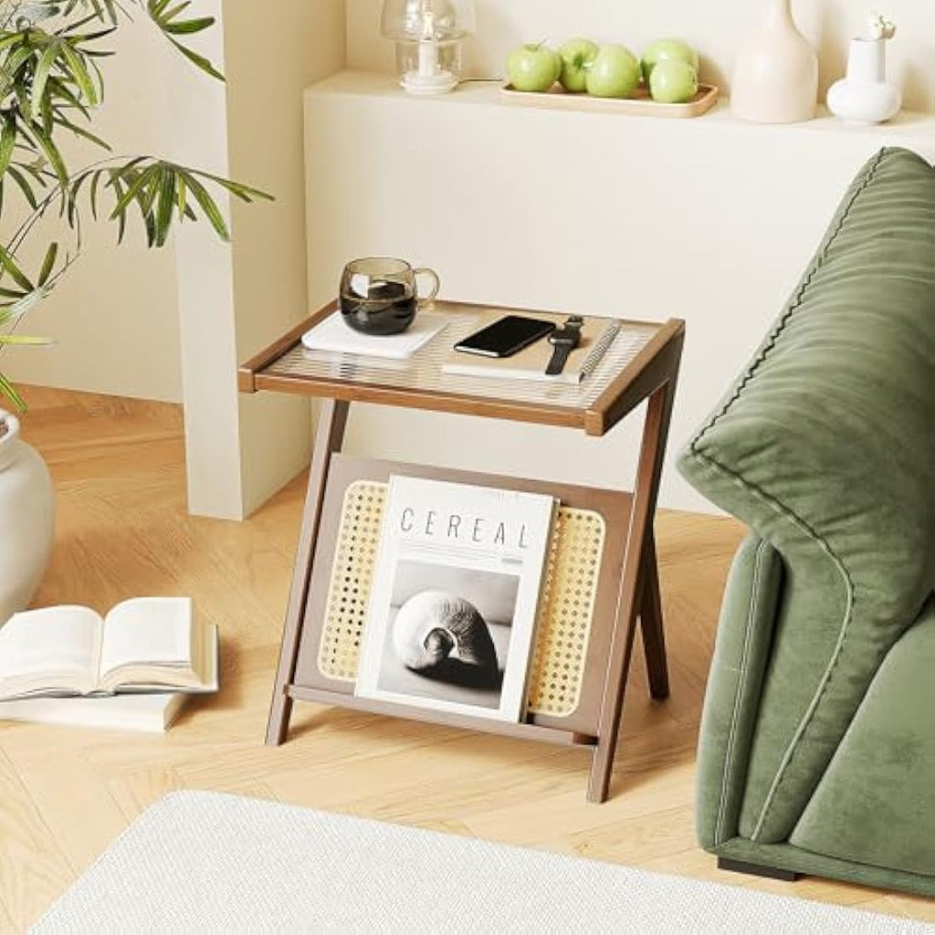 Bamworld Boho Rattan Side Table | Bamboo & Glass Z-Shaped Nightstand