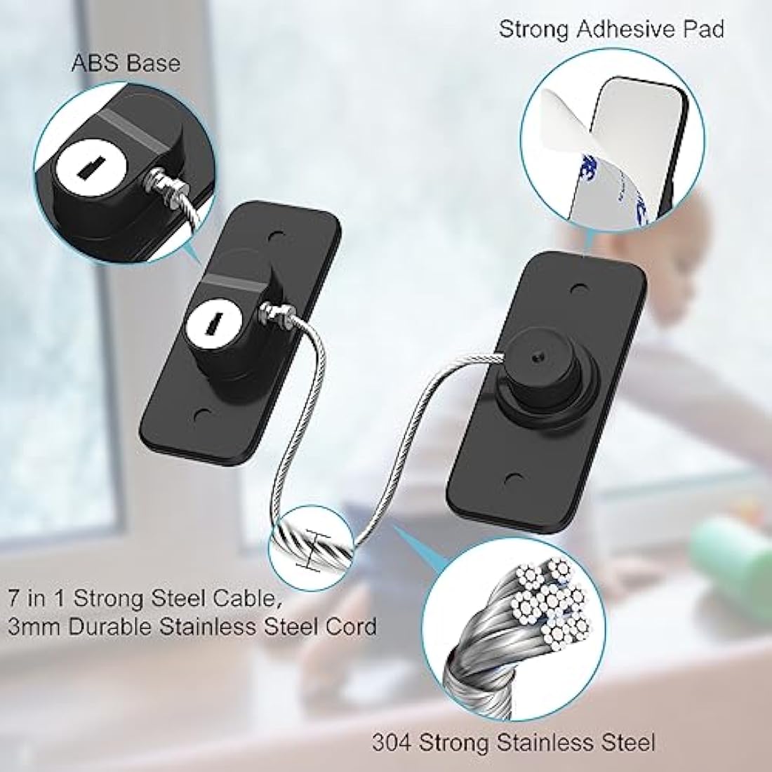 AOSITE Window Safety Lock 2-Pack – Self-Adhesive Childproof Cable Lock