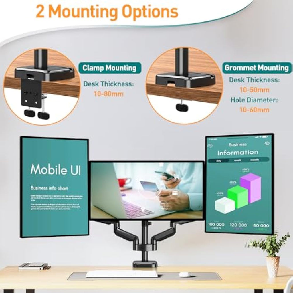 ELIVED Triple Monitor Arm – Gas Spring Desk Mount for 13-27 Inch Screens