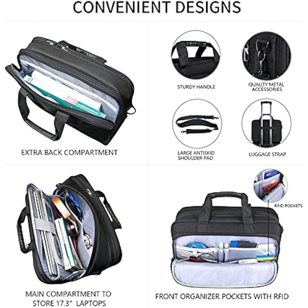 VANKEAN 17.3 Inch Laptop Briefcase | Expandable Water-Repellent Bag - Black
