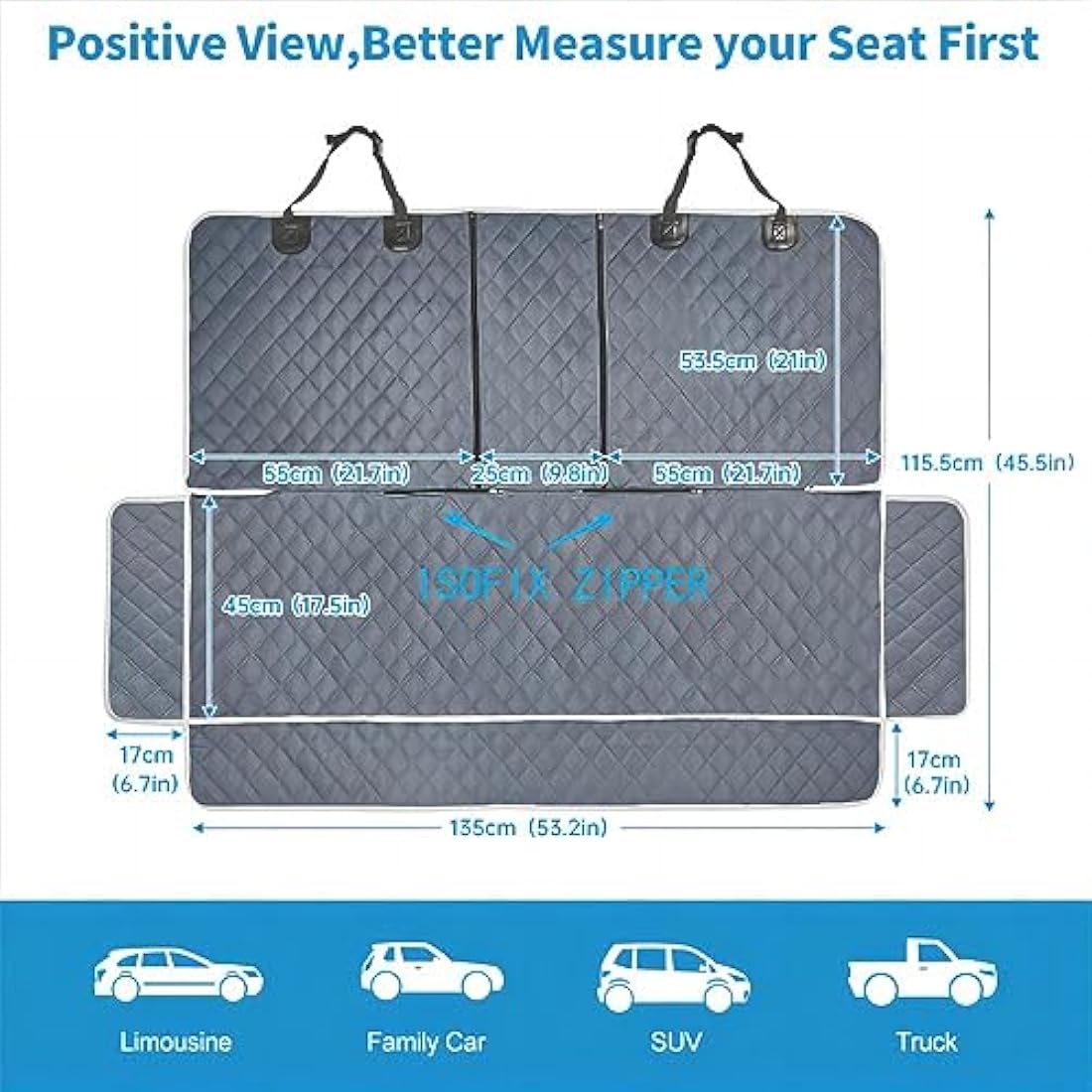 ANOSOSPECIAL Dog Car Seat Cover | Waterproof Grey Back Seat Protector