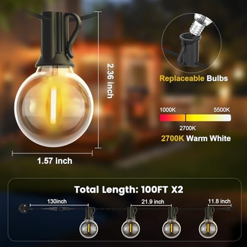 Yuusei 200FT Outdoor Festoon Lights – 100 LED Shatterproof G40 Bulbs