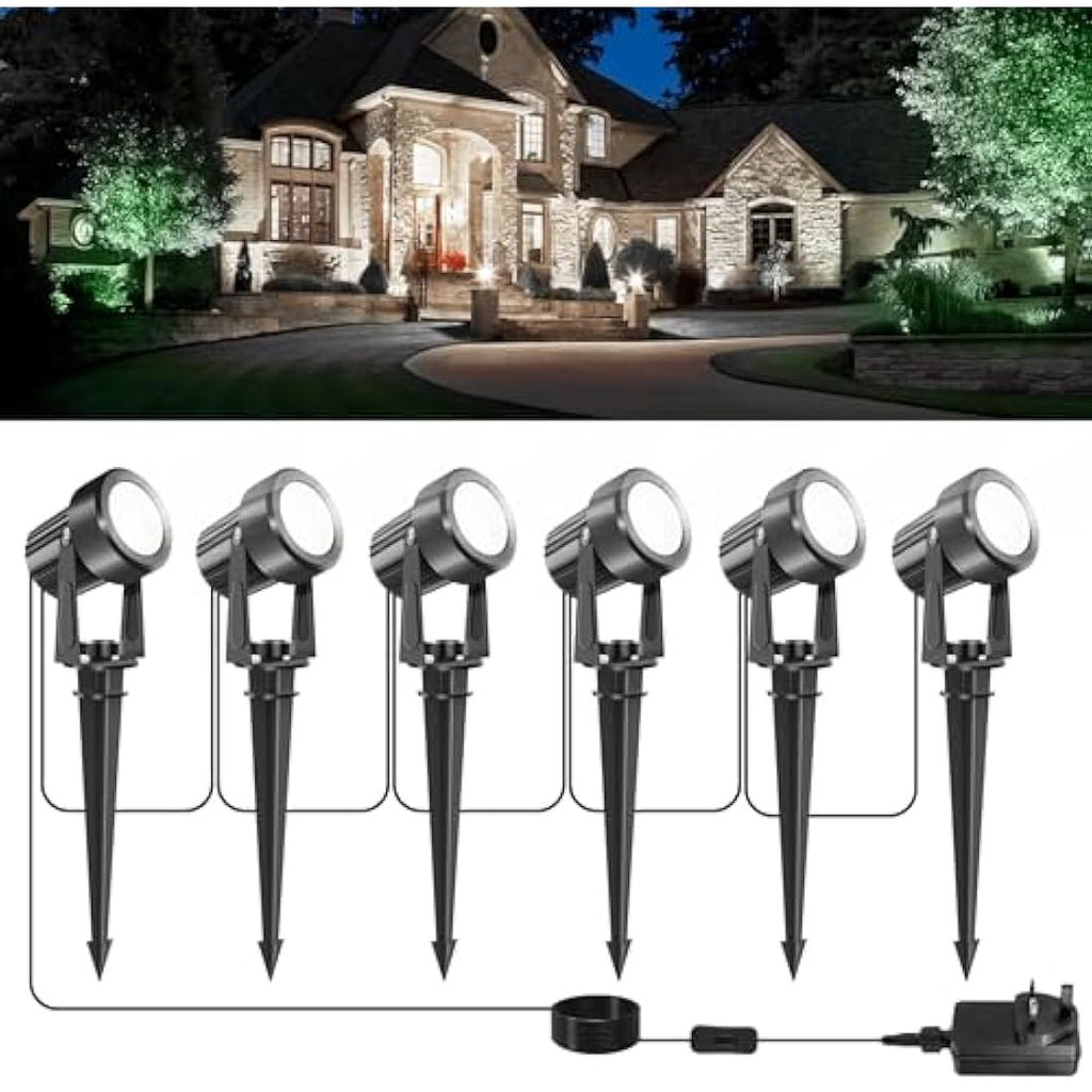 NATPOW 6-in-1 LED Garden Spike Lights | IP65 Waterproof 6000K Spotlight