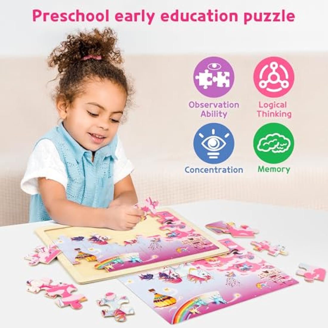 Wooden Jigsaw Puzzles for Kids - 4 Pack Unicorn & Mermaid