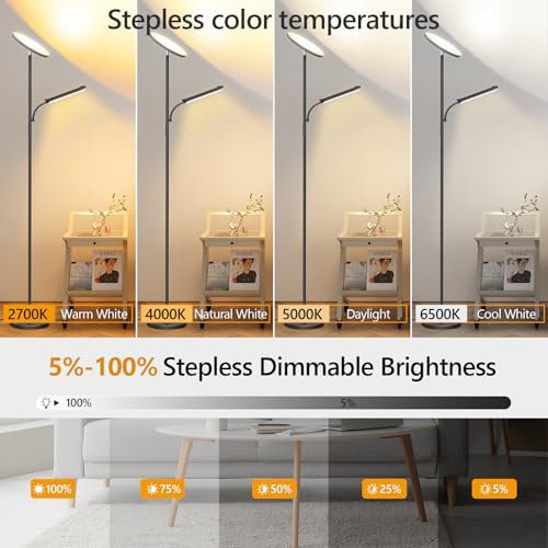 Jolof Store LED Torchiere Floor Lamp - Dimmable Uplighter, Carbon Black