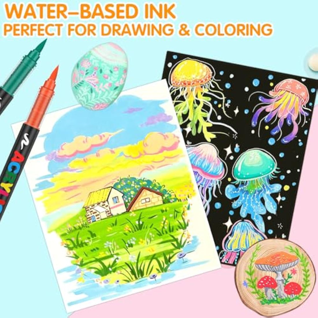 Efimeso 72 Colors Acrylic Paint Pens – Water-Based Brush Markers for Rock Art