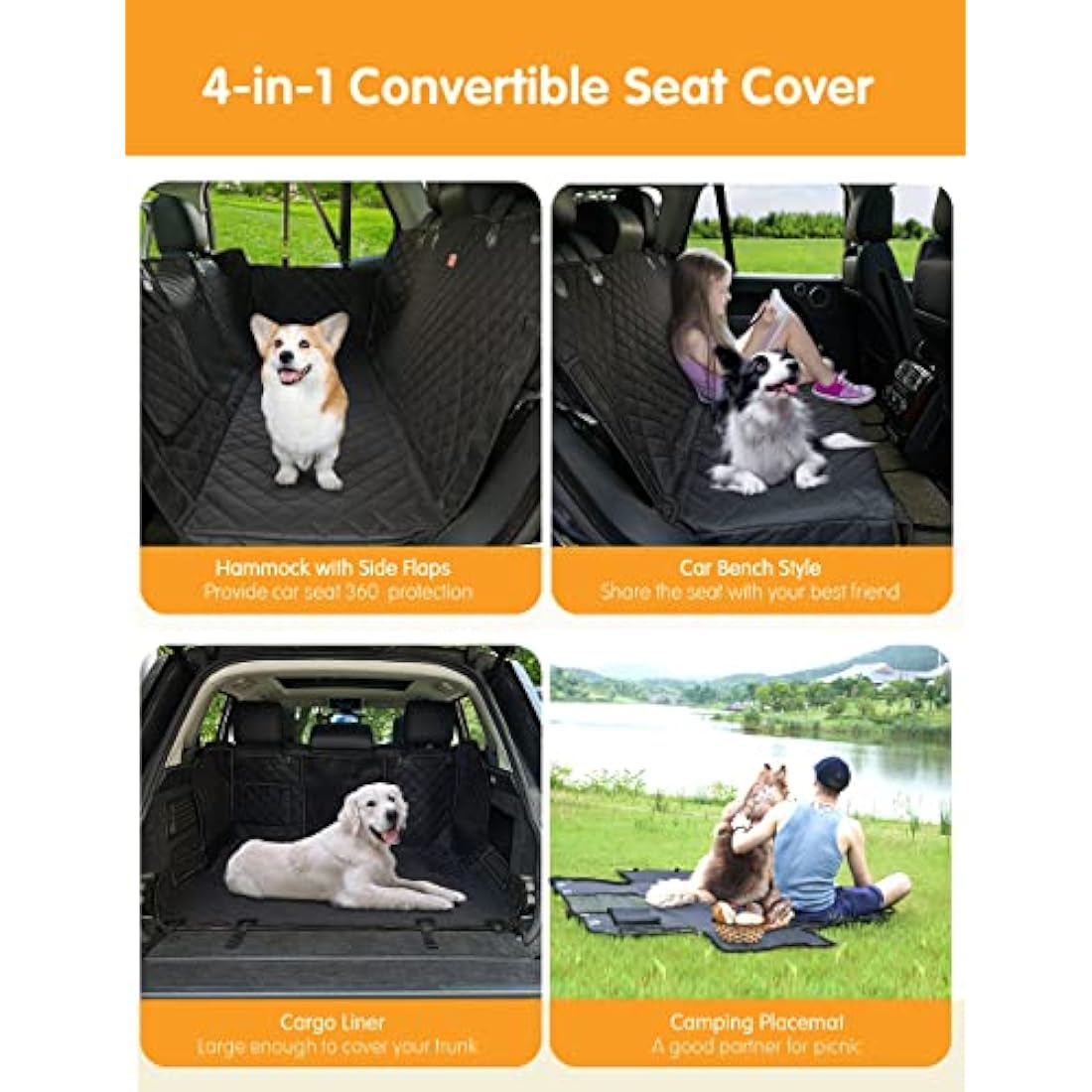NZONPET 4-in-1 Dog Car Seat Cover | Waterproof Back Seat Hammock - Black