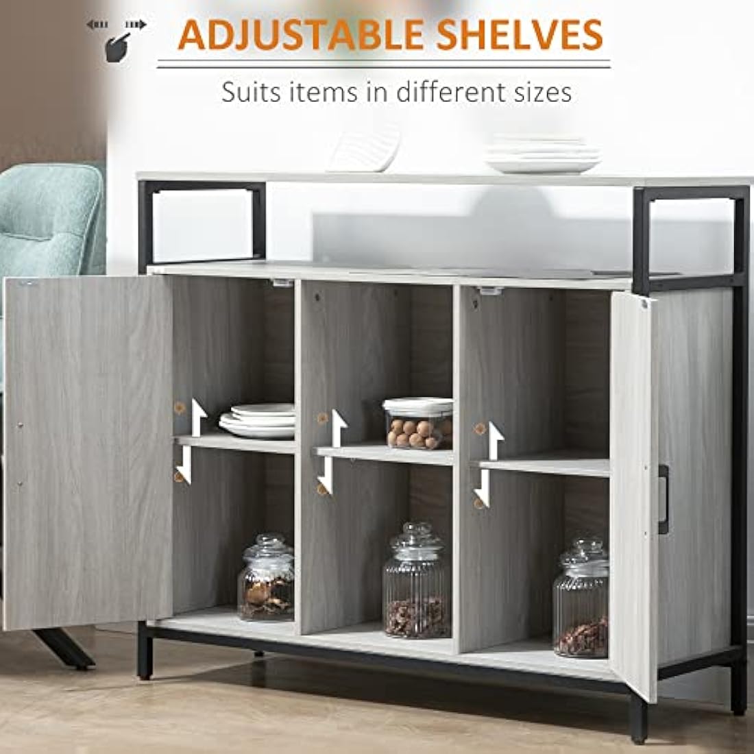 HOMCOM Modern Sideboard – Steel Storage Cabinet with Adjustable Shelves