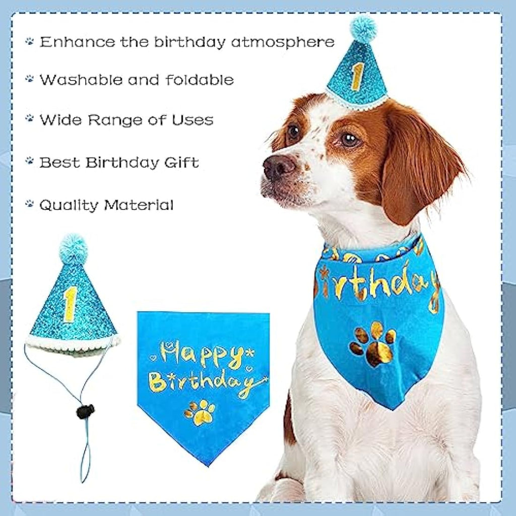 Jolof Store Blue Dog 1st Birthday Hat and Bandana Set for Small Medium Pets