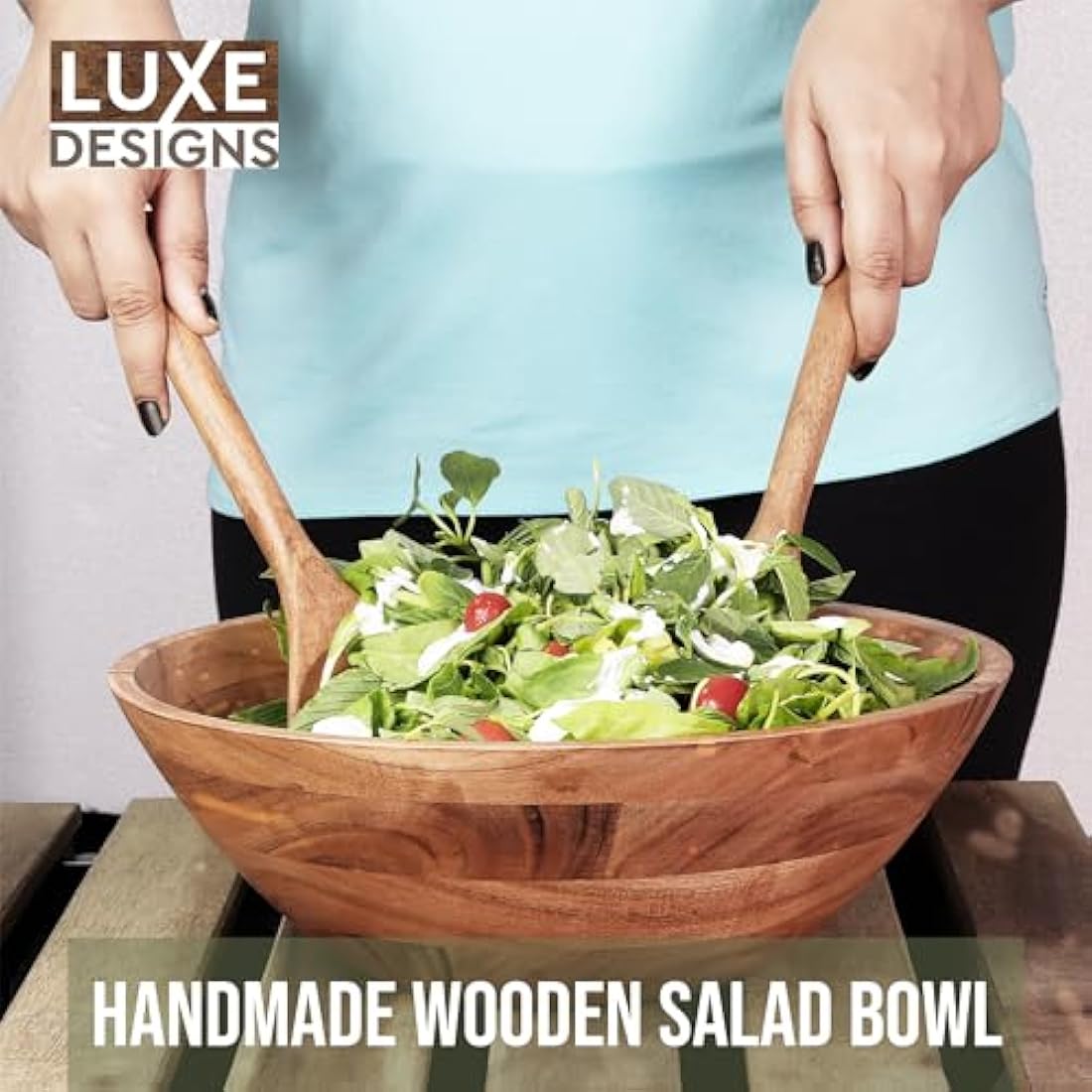 Jolof Store Large Wooden Salad Bowl Set – Handmade 12-Inch Serving Bowl