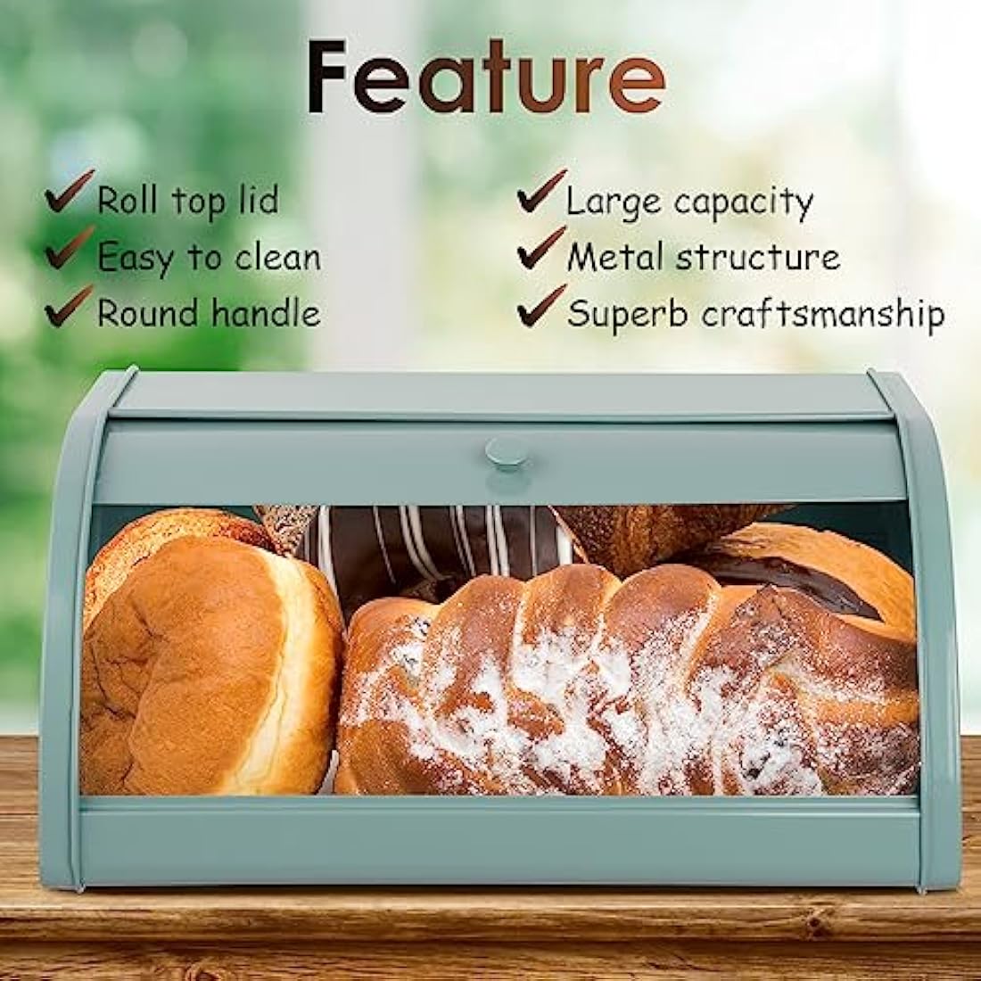 Metal Bread Box – Roll Top Countertop Storage Bin, Green