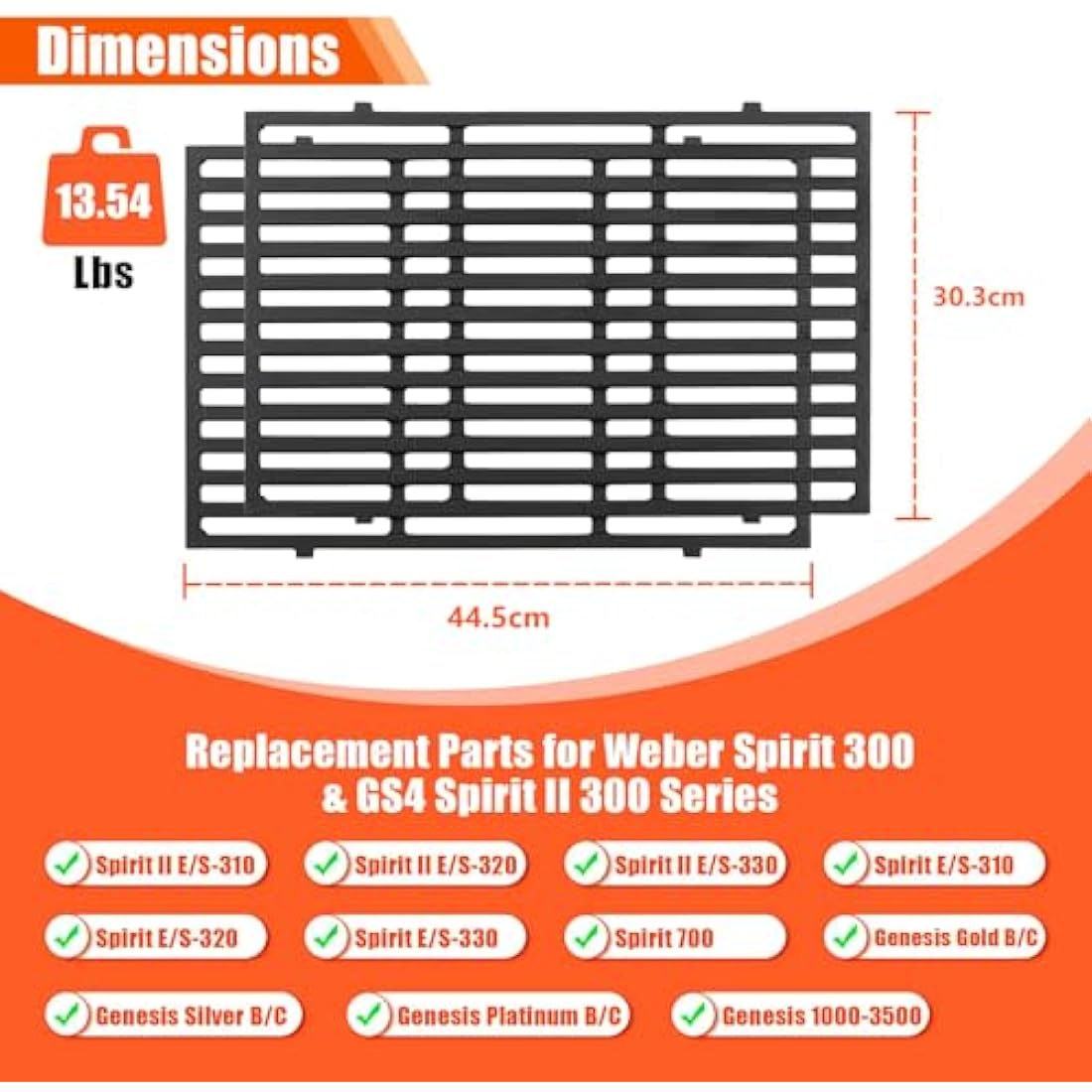 GFTIME Cast Iron Grill Grates for Weber Spirit 300 Series, 44.5 x 30.3cm