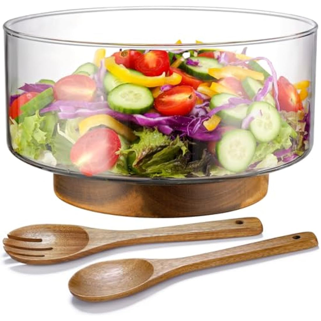 NiHome 3600ML Glass Salad Bowl with Acacia Wood Base and Tongs
