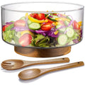 NiHome 3600ML Glass Salad Bowl with Acacia Wood Base and Tongs
