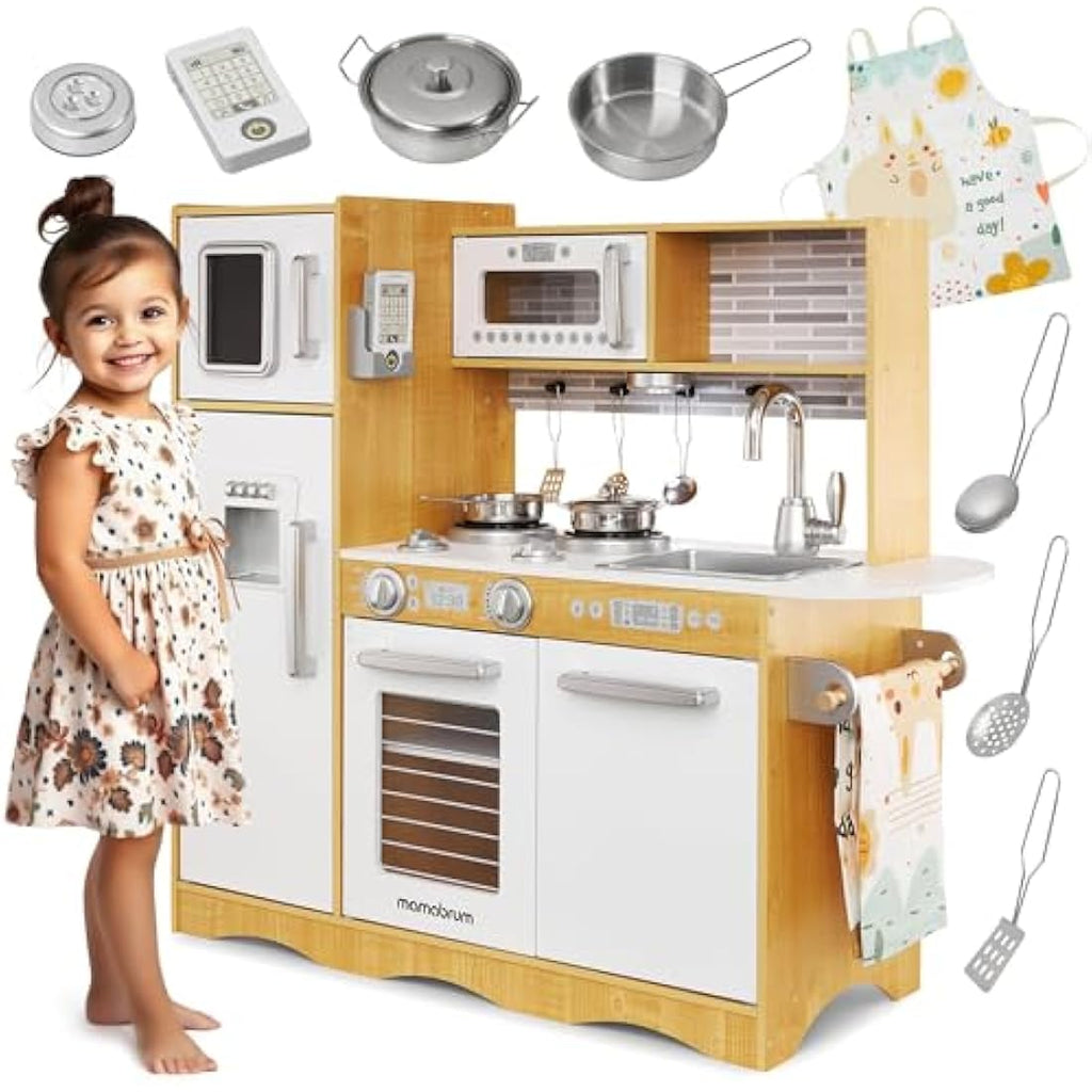 Wooden Play Kitchen for Kids with LED Lights – Natural Wood