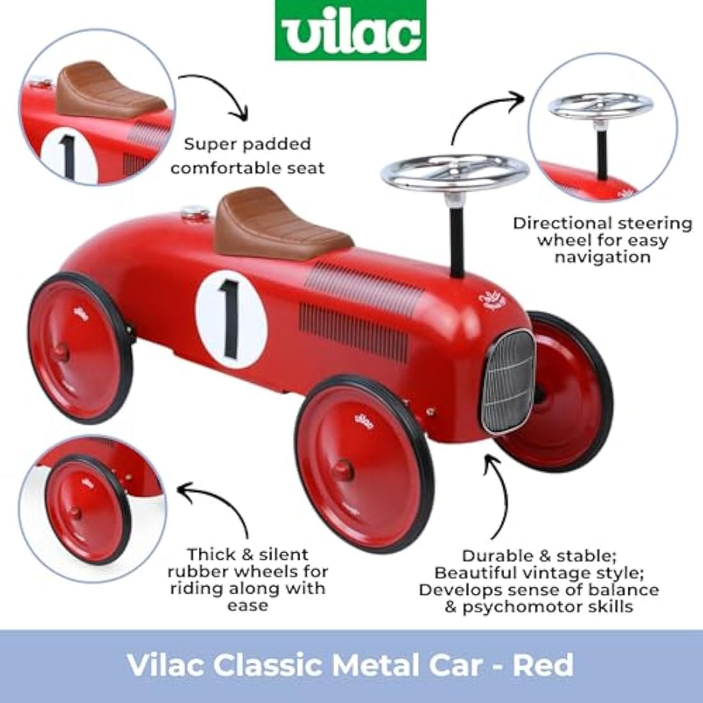 Vilac Red Metal Car – Vintage Style Ride-On Toy for Toddlers