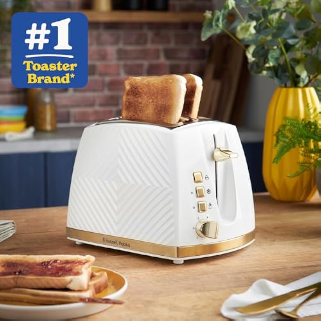 Russell Hobbs Groove 2-Slice Toaster | White with Gold Accents | 850W