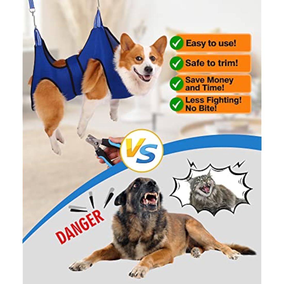 Kkiimatt Dog Grooming Hammock Harness with Nail Clippers - Blue, Large
