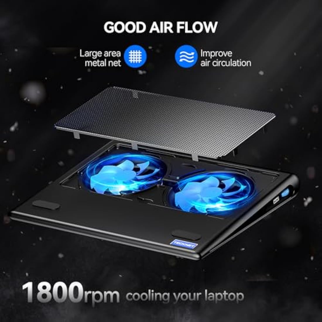 TECKNET Laptop Cooling Pad – 12"-16" Gaming Cooler with 2 Adjustable Fans