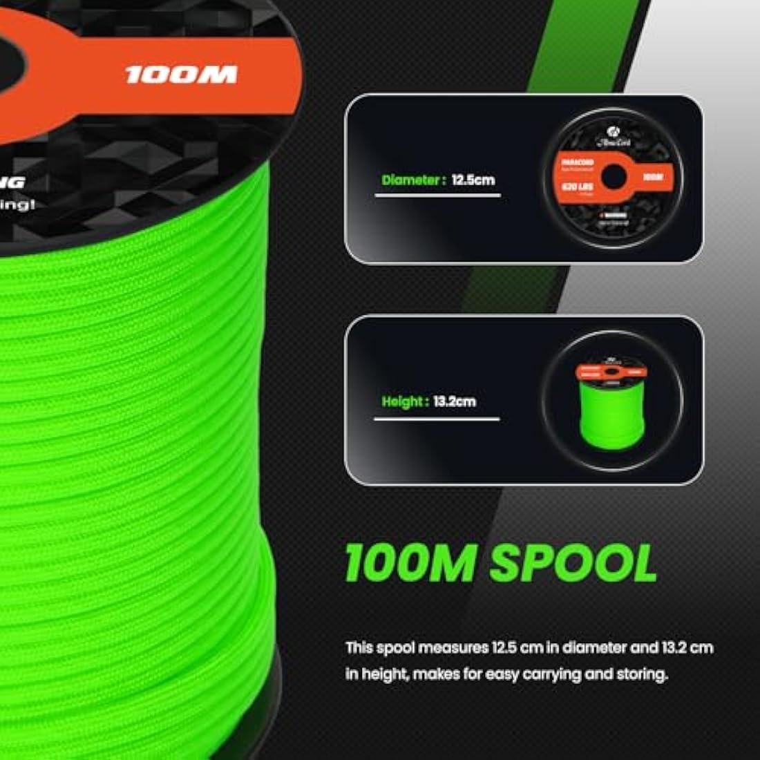 Abma Cord 4mm Type III Nylon Paracord - 9 Strands 100m Neon Green